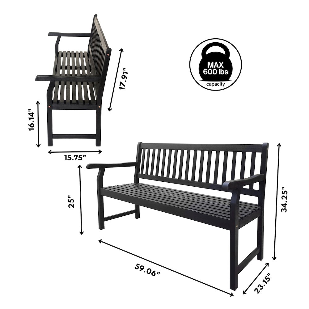 Laurel 59" Slatted Acacia Wood Indoor/Outdoor Patio Garden Bench with Armrests. Picture 4