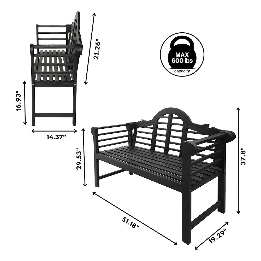 Lutyens 51" Acacia Wood Outdoor Bench with Armrests and Arched Slatted Back. Picture 4