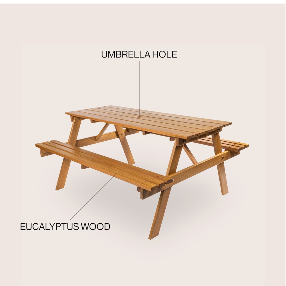 Shoreham Modern Classic Outdoor Wood Picnic Table Benches With Umbrella Hole. Picture 5