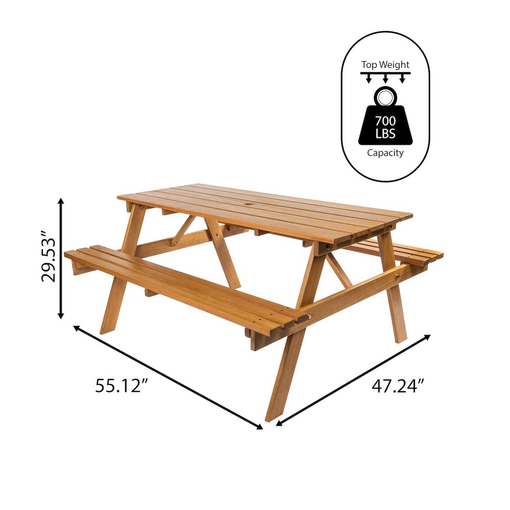 Shoreham 55" Eucalyptus Wood Outdoor Picnic Table with Built-In Benches and. Picture 4
