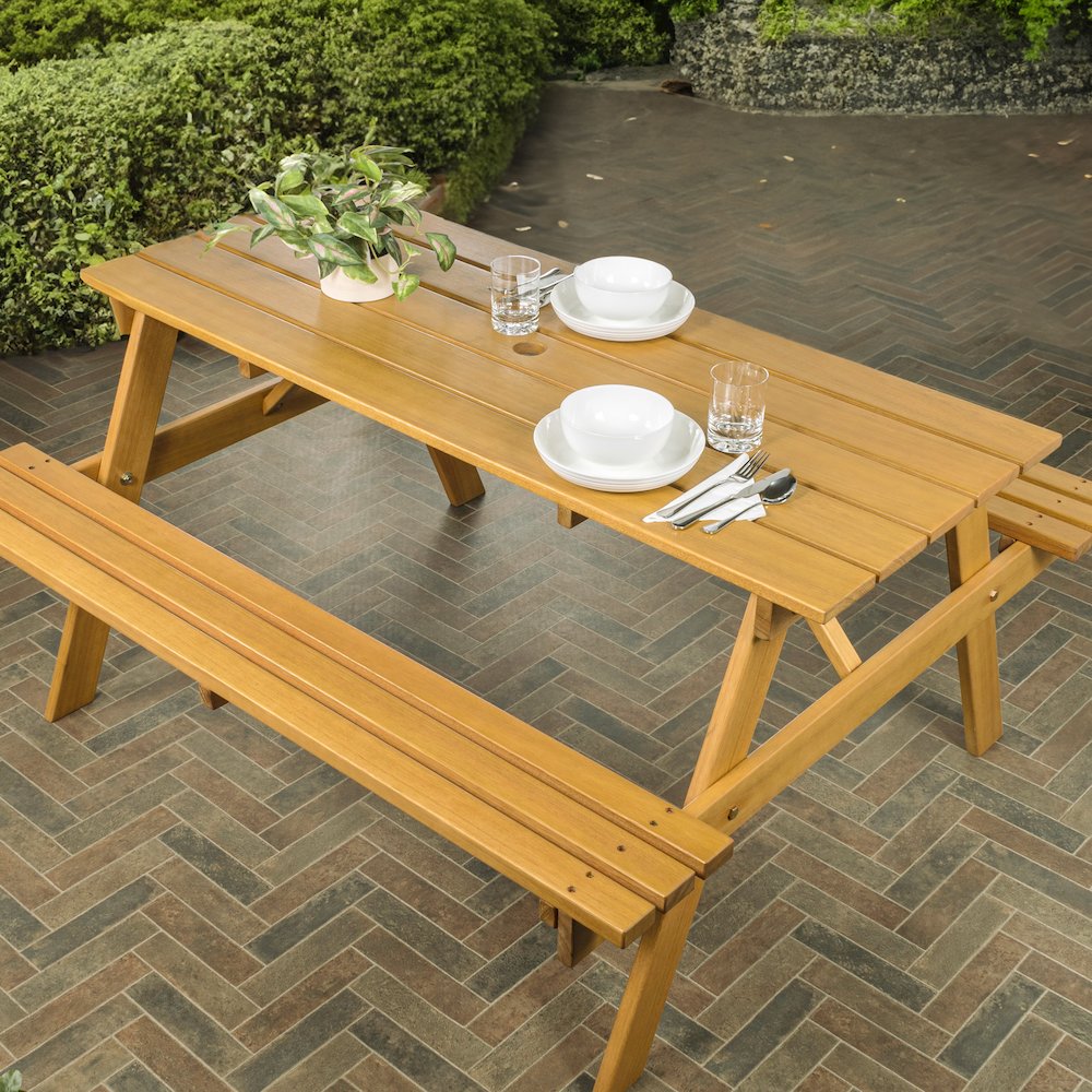Shoreham 55" Eucalyptus Wood Outdoor Picnic Table with Built-In Benches and. Picture 2