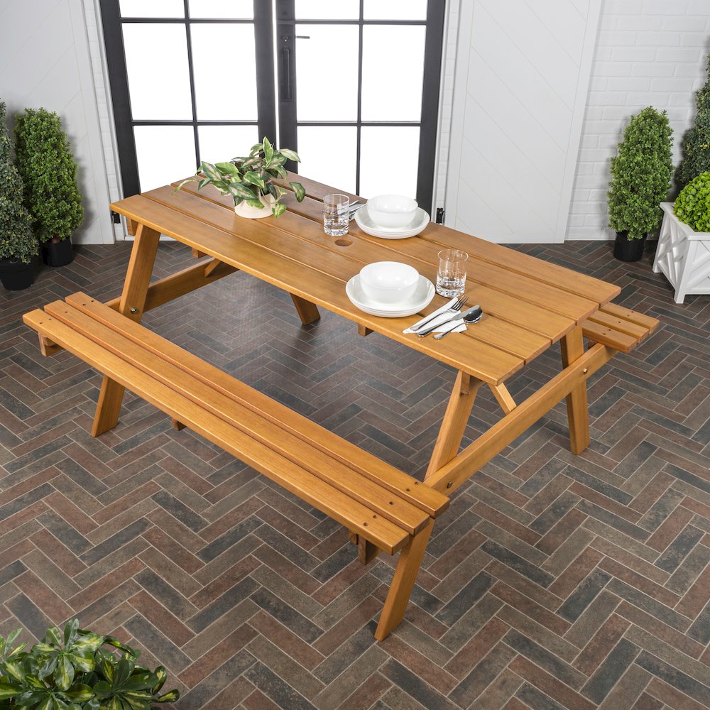 Shoreham 55" Eucalyptus Wood Outdoor Picnic Table with Built-In Benches and. Picture 3