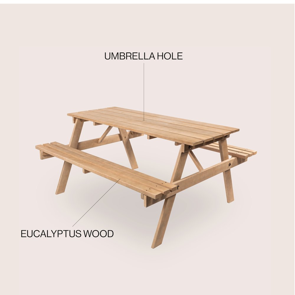 Shoreham 59" Eucalyptus Wood Outdoor Picnic Table with Built-In Benches and. Picture 5