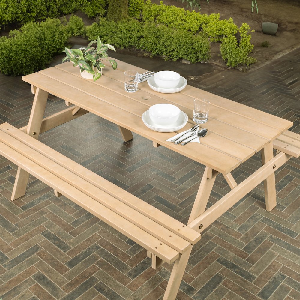Shoreham 55.18" Eucalyptus Wood Outdoor Picnic Table with Built-In Benches and. Picture 2