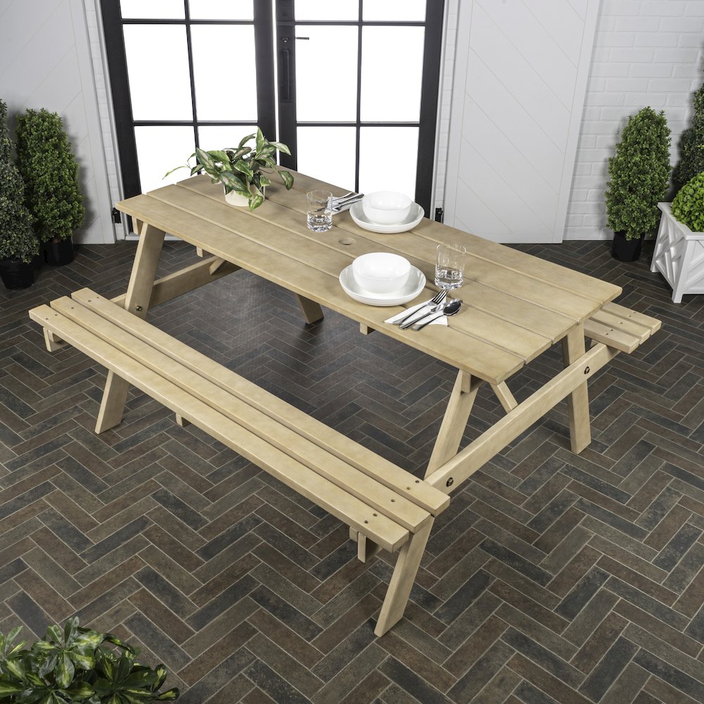 Shoreham 55.18" Eucalyptus Wood Outdoor Picnic Table with Built-In Benches and. Picture 3