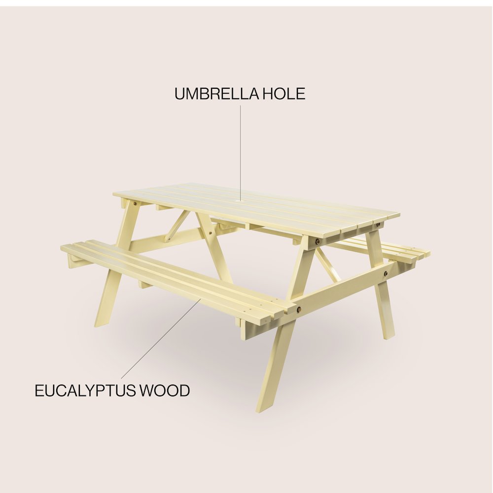 Shoreham 59" Eucalyptus Wood Outdoor Picnic Table with Built-In Benches and. Picture 5