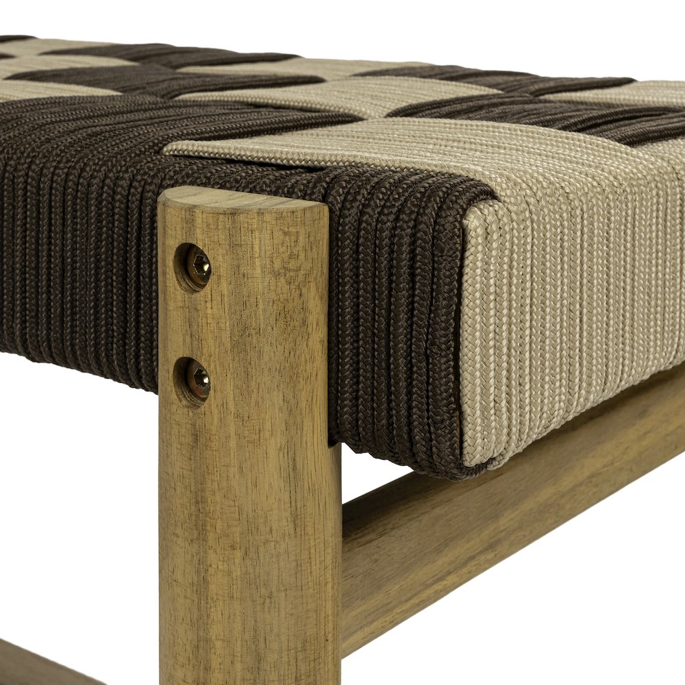 Denis 47" Bohemian Brown and Beige Checkerboard Woven Rope Indoor/Outdoor Bench. Picture 6