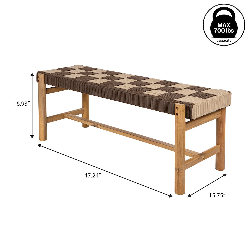 Denis 47" Bohemian Brown and Beige Checkerboard Woven Rope Indoor/Outdoor Bench. Picture 5