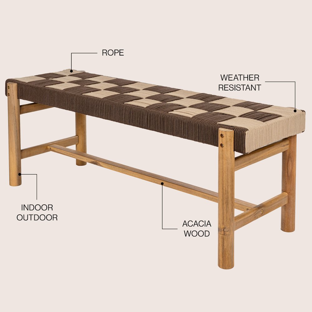 Denis 47" Bohemian Brown and Beige Checkerboard Woven Rope Indoor/Outdoor Bench. Picture 4