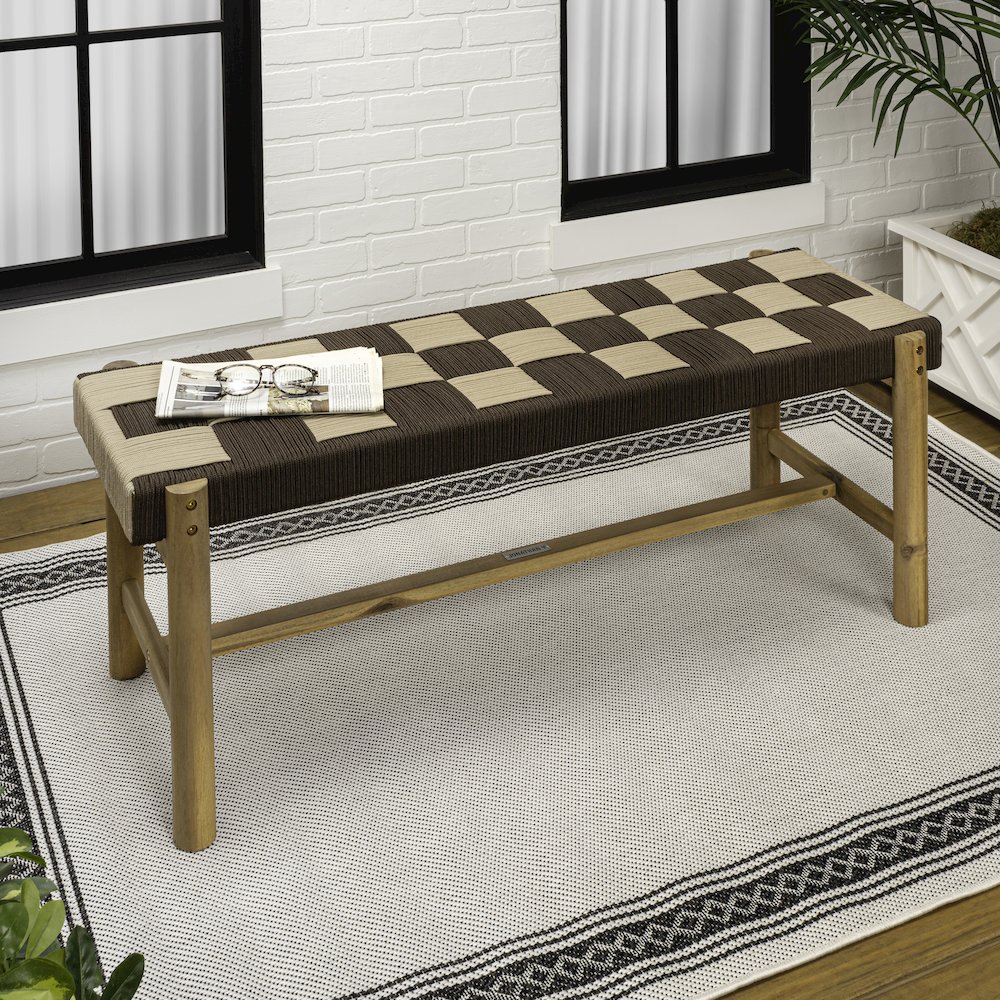 Denis 47" Bohemian Brown and Beige Checkerboard Woven Rope Indoor/Outdoor Bench. Picture 2