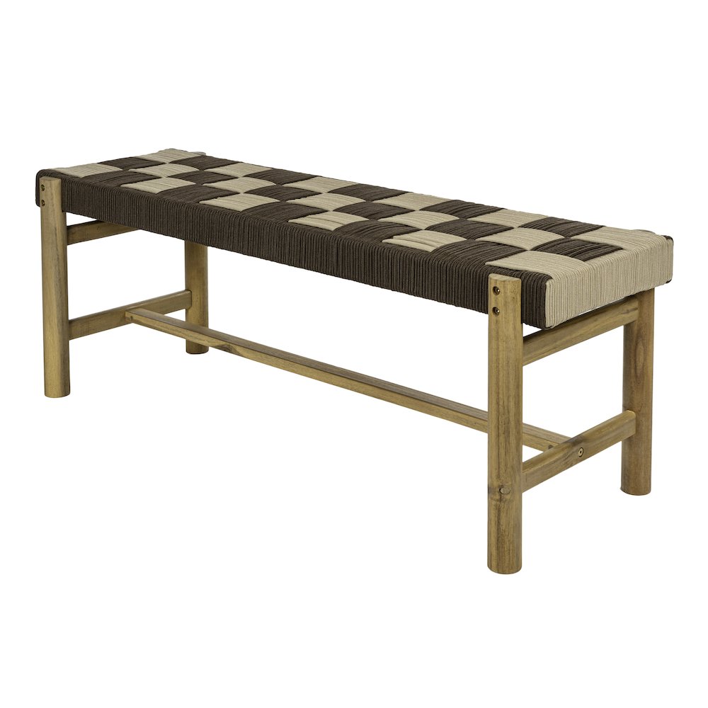 Denis 47" Bohemian Brown and Beige Checkerboard Woven Rope Indoor/Outdoor Bench. Picture 1