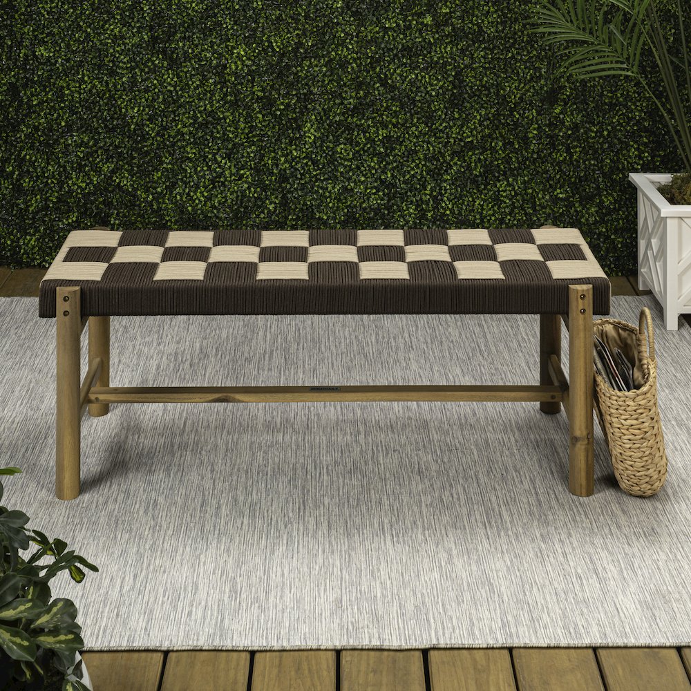 Denis 47" Bohemian Brown and Beige Checkerboard Woven Rope Indoor/Outdoor Bench. Picture 3