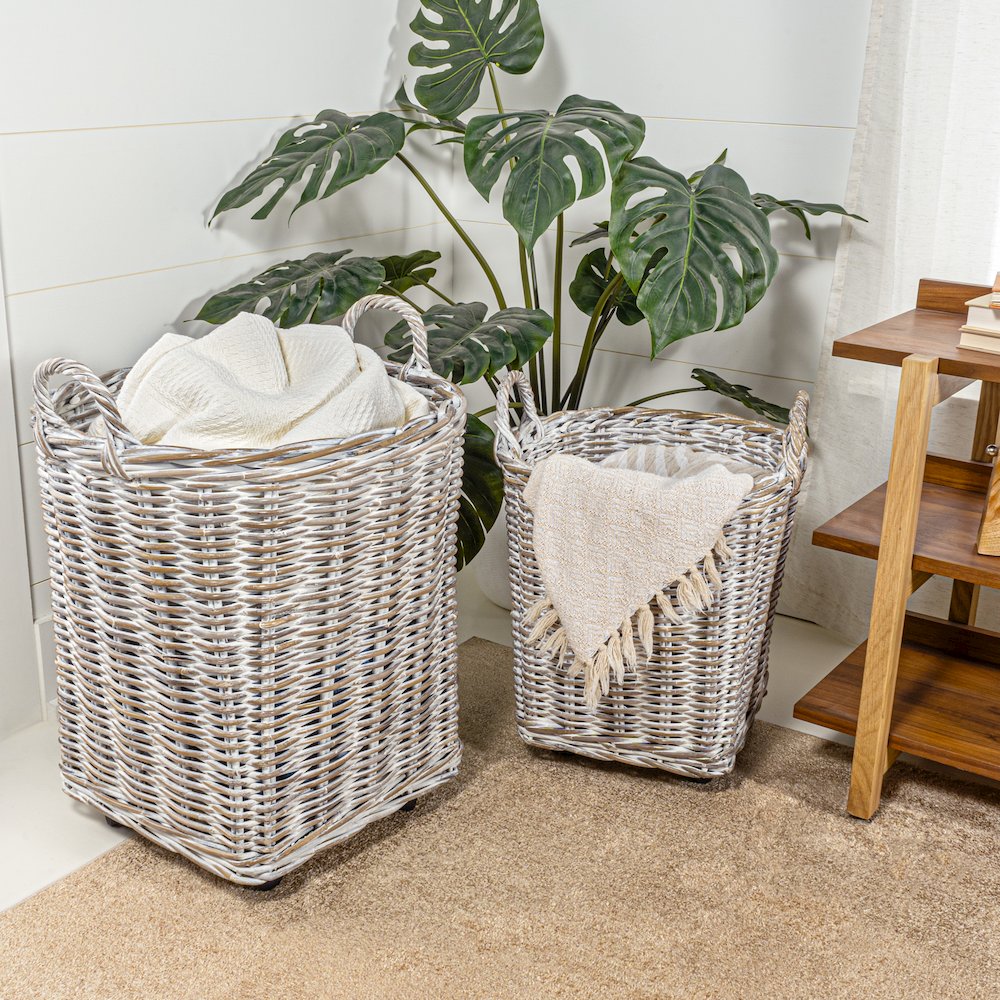 Arbour Rustic Hand-Woven Rattan Nesting Baskets With Wheels And Handles. Picture 1