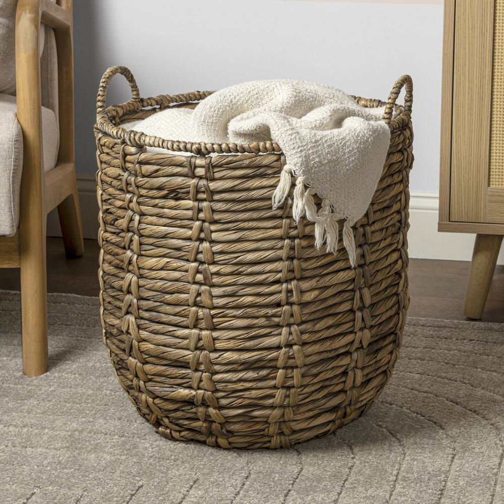 Laurel Bohemian Handwoven Abaca Hamper Basket with Handles. Picture 1