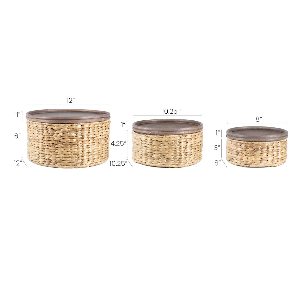 Gouda Southwestern Hand-Woven Hyacinth Circular Nesting Baskets With Wood Lids. Picture 3