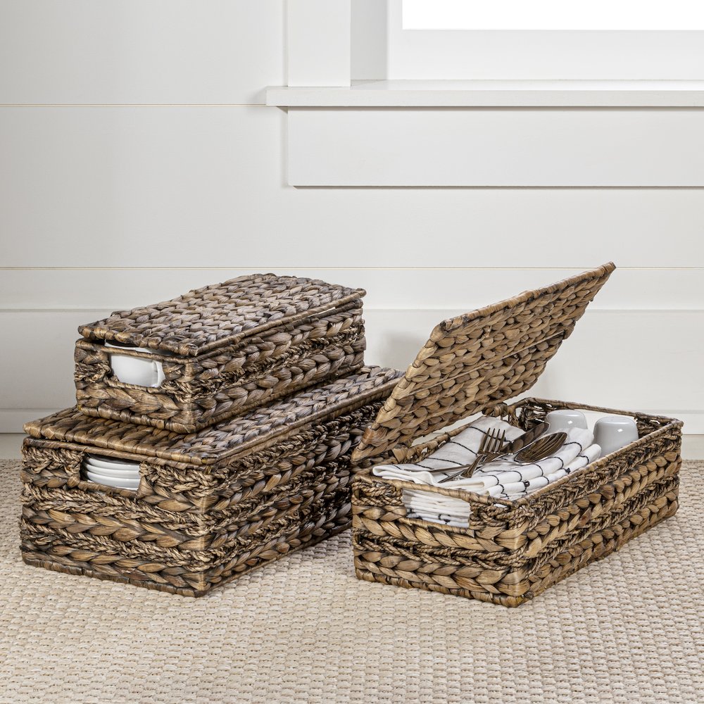 Classic Farmhouse Handwoven Hyacinth Storage Baskets with Handles and Lids. Picture 1