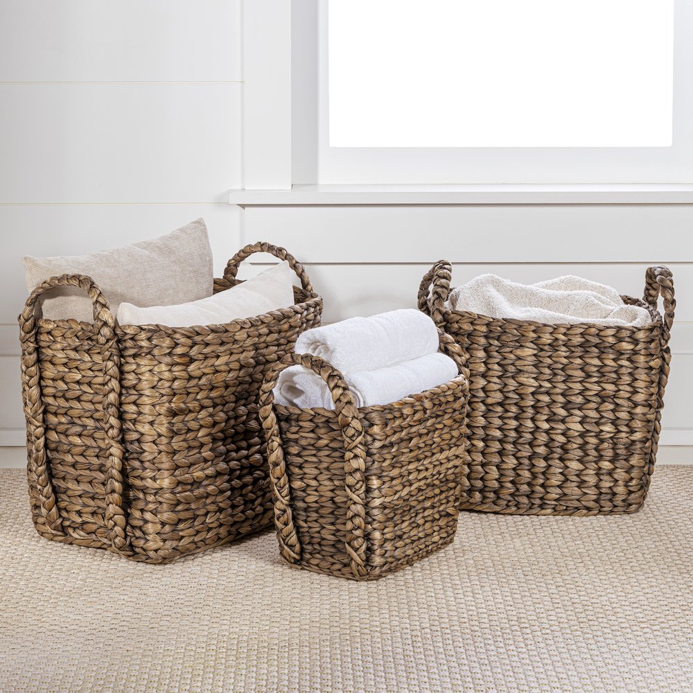 Clara Farmhouse Classic Handwoven Hyacinth Rectangle Storage Floor Baskets. Picture 1