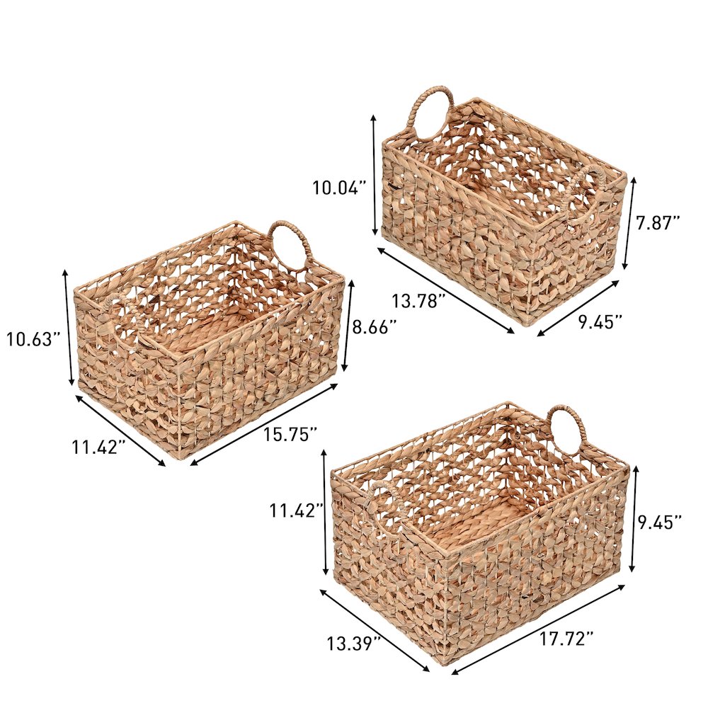 Quinn Bohemian Cottage Woven Hyacinth Rectangular Storage Baskets with Handles. Picture 2