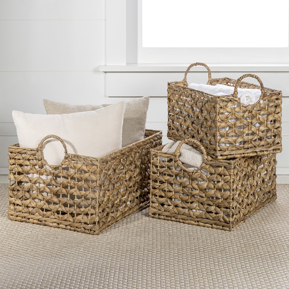 Quinn Bohemian Cottage Woven Hyacinth Rectangular Storage Baskets with Handles. Picture 1