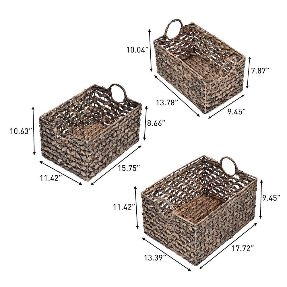 Quinn Bohemian Cottage Woven Hyacinth Rectangular Storage Baskets with Handles. Picture 2