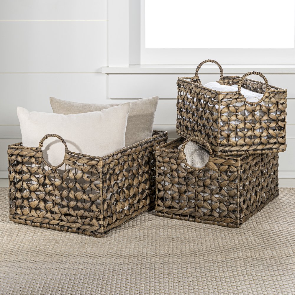 Quinn Bohemian Cottage Woven Hyacinth Rectangular Storage Baskets with Handles. Picture 1