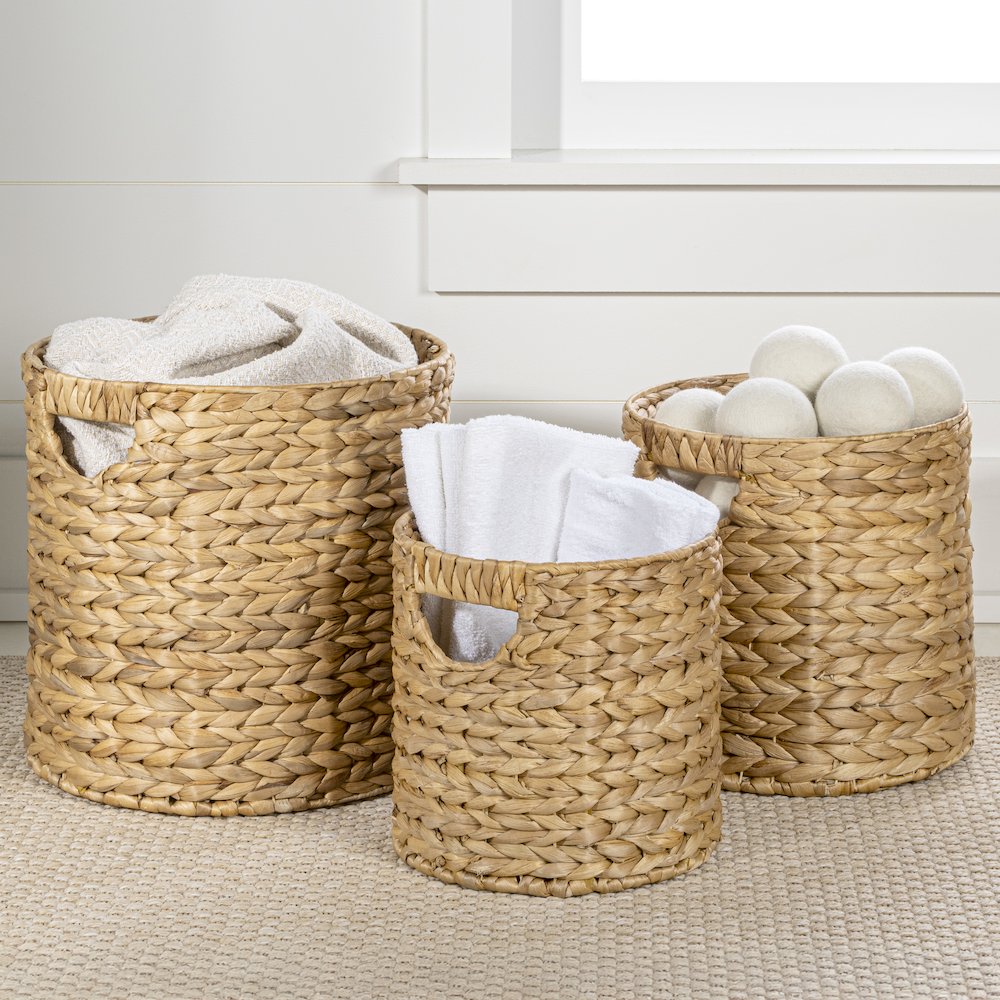 Avery Bohemian Cottage Handwoven Hyacinth Cylinder Nesting Baskets with Handles. Picture 1