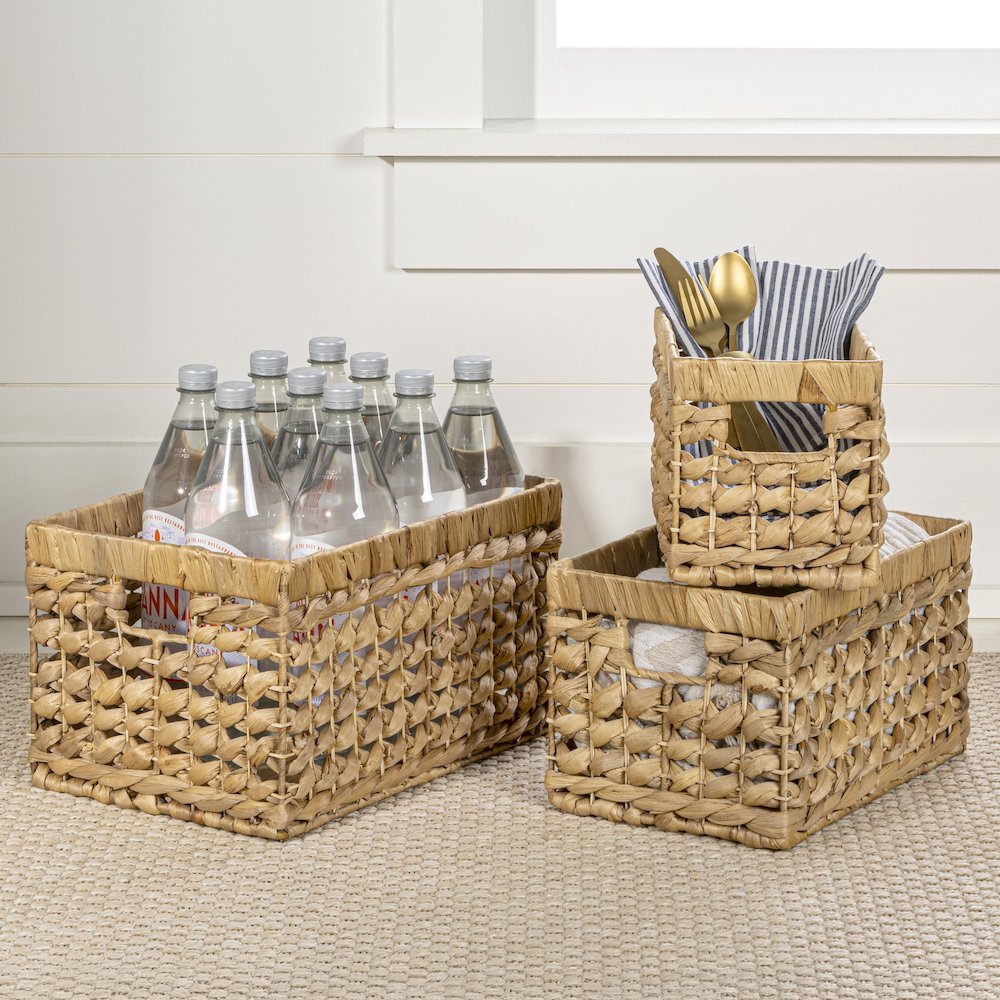 Hayden Bohemian Cottage Handwoven Hyacinth Rectangular Nesting Baskets. Picture 1