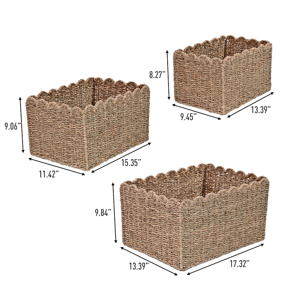 Arden Coastal Cottage Seagrass Scalloped Rectangular Organizing Storage Baskets. Picture 2