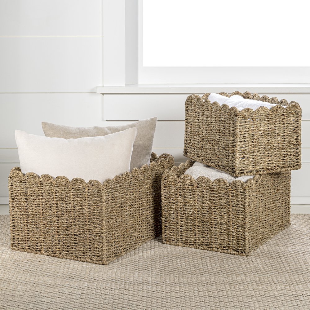 Arden Coastal Cottage Seagrass Scalloped Rectangular Organizing Storage Baskets. Picture 1
