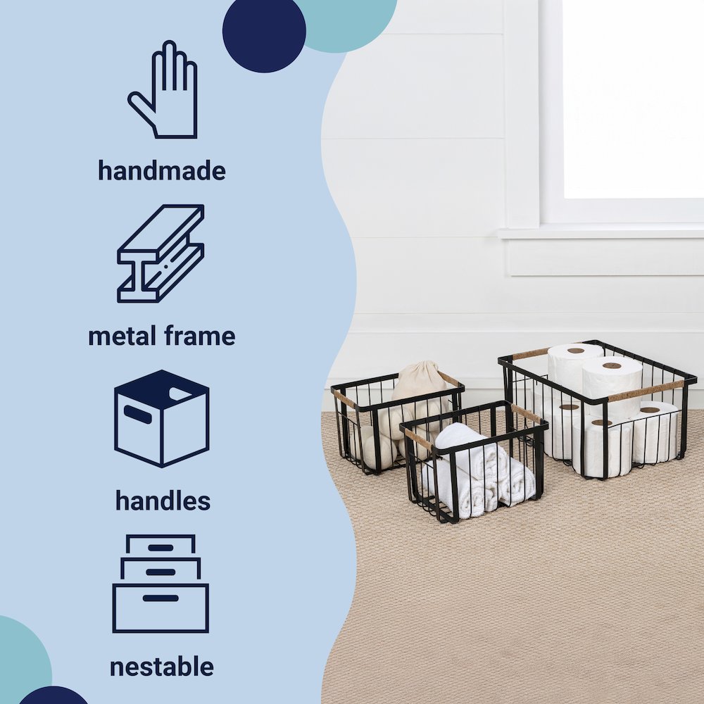 Vintage Farmhouse Handmade Wire Metal Nesting Storage Baskets, Black (Set of 3). Picture 5