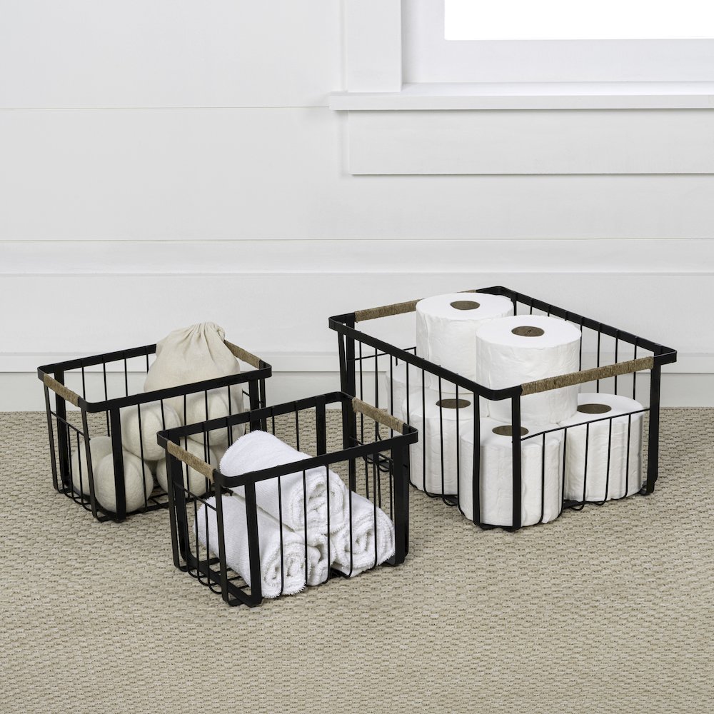 Vintage Farmhouse Handmade Wire Metal Nesting Storage Baskets, Black (Set of 3). Picture 3