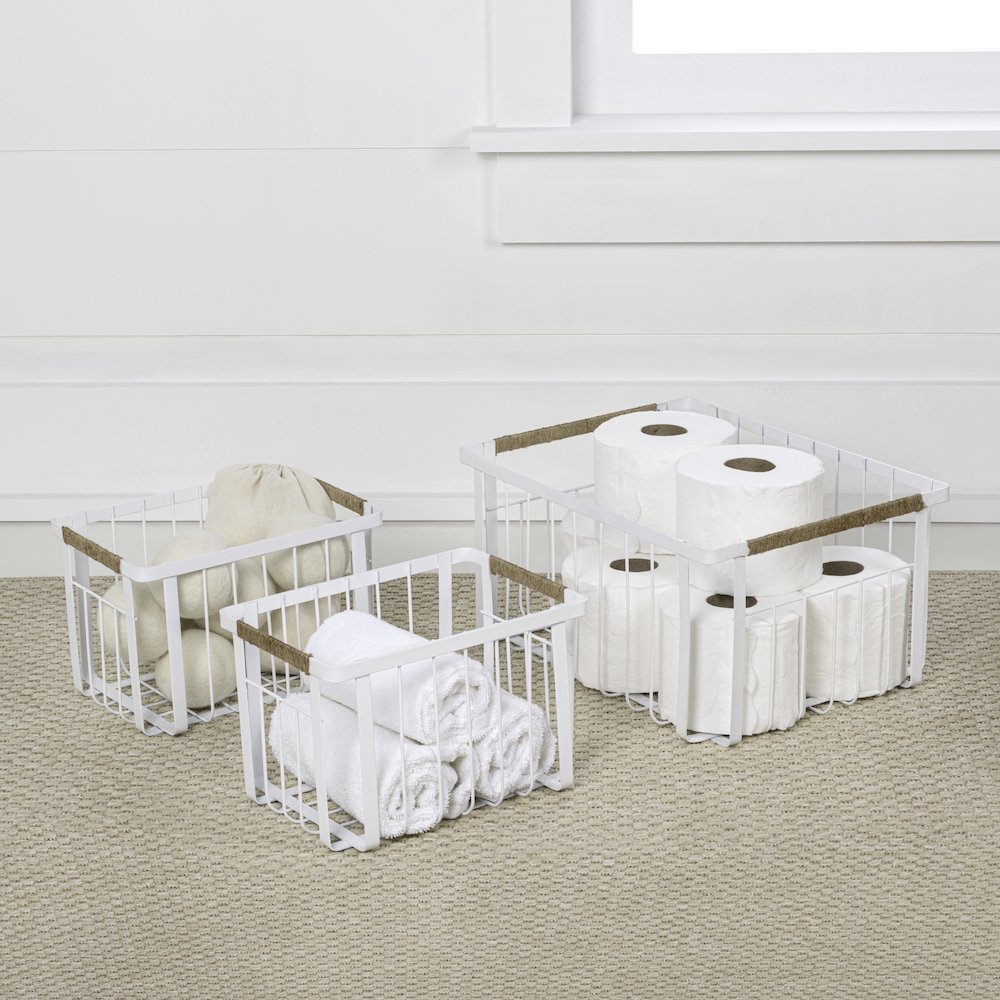 Vintage Farmhouse Handmade Wire Metal Nesting Storage Baskets, White (Set of 3). Picture 3