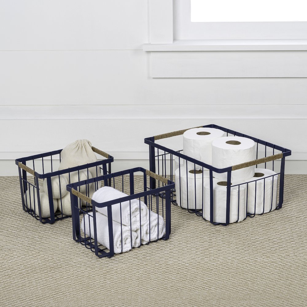 Vintage Farmhouse Handmade Wire Metal Nesting Storage Baskets, Navy (Set of 3). Picture 3