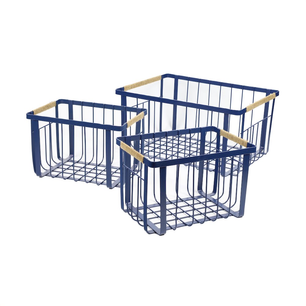 Vintage Farmhouse Handmade Wire Metal Nesting Storage Baskets, Navy (Set of 3). Picture 1