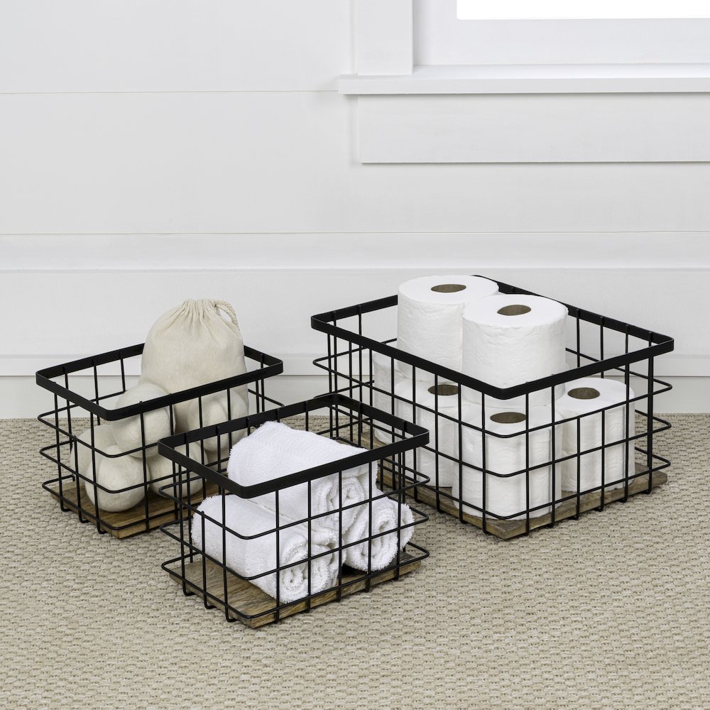 Farmhouse Handmade Wire Metal Nesting Storage Baskets, Black/Natural (Set of 3). Picture 3