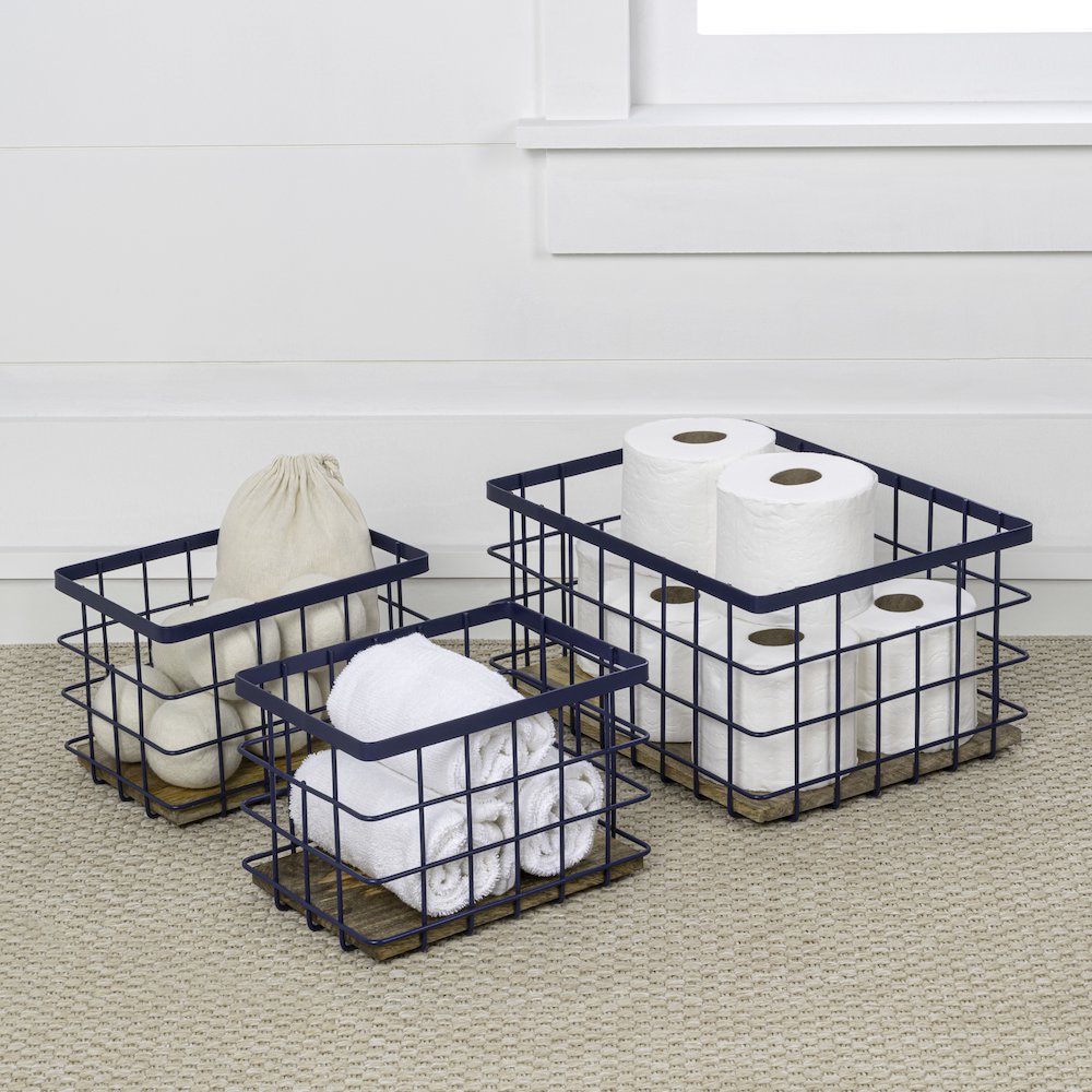 Farmhouse Handmade Wire Metal Nesting Storage Baskets, Navy/Natural (Set of 3). Picture 3