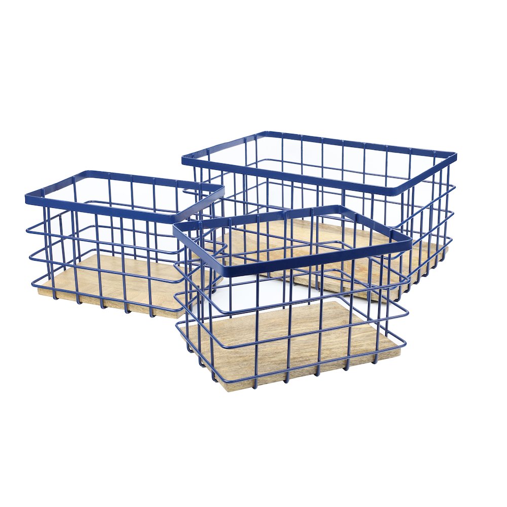Farmhouse Handmade Wire Metal Nesting Storage Baskets, Navy/Natural (Set of 3). Picture 1