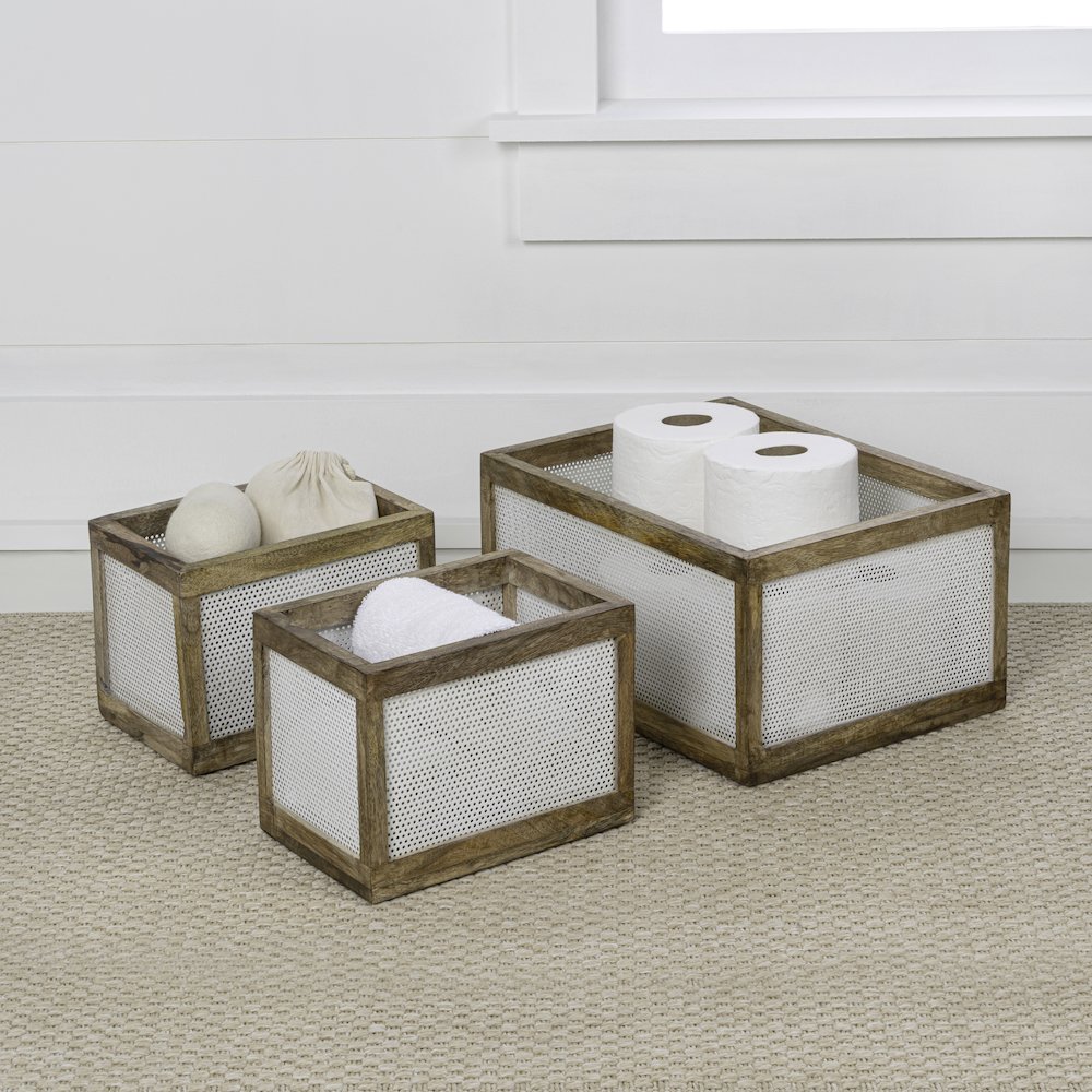 Fallon Handmade Wooden Metal Nesting Storage Baskets, White/Natural (Set of 3). Picture 3