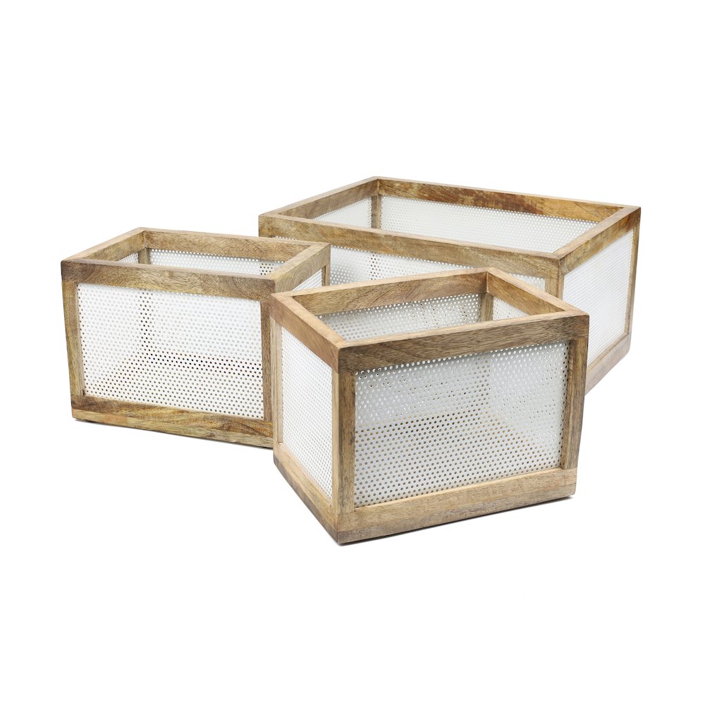 Fallon Handmade Wooden Metal Nesting Storage Baskets, White/Natural (Set of 3). Picture 1