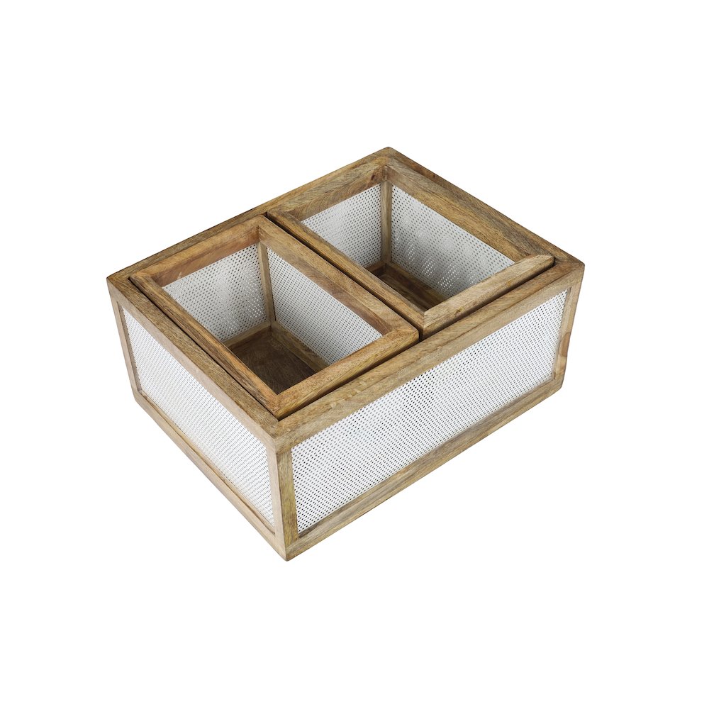 Fallon Handmade Wooden Metal Nesting Storage Baskets, White/Natural (Set of 3). Picture 2