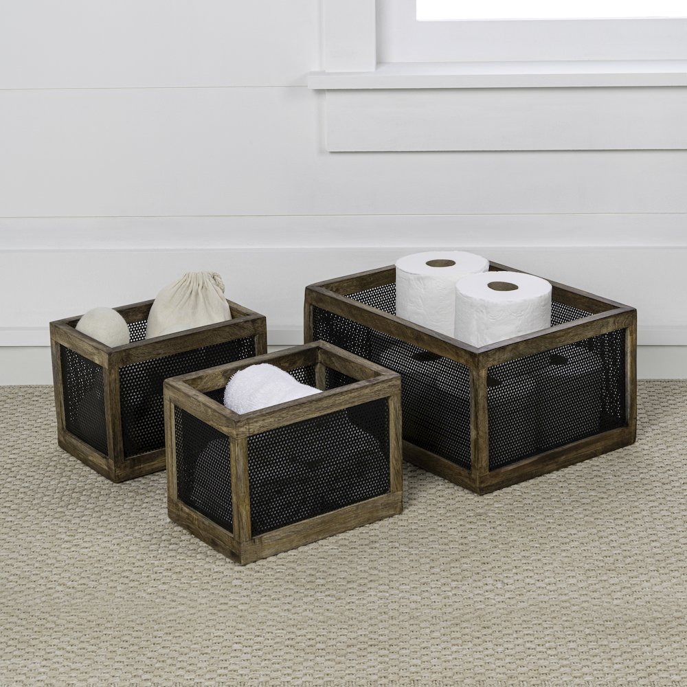 Fallon Handmade Wooden Metal Nesting Storage Baskets, Black/Natural (Set of 3). Picture 3