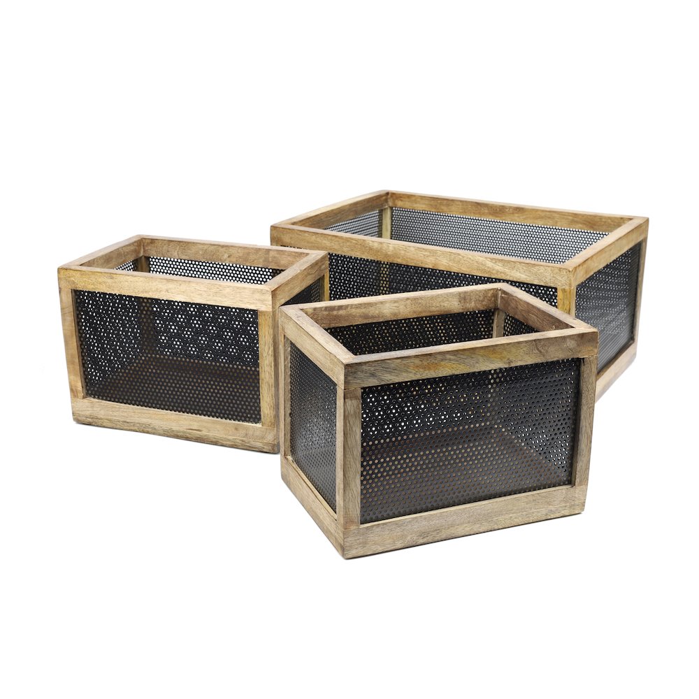 Fallon Handmade Wooden Metal Nesting Storage Baskets, Black/Natural (Set of 3). Picture 1