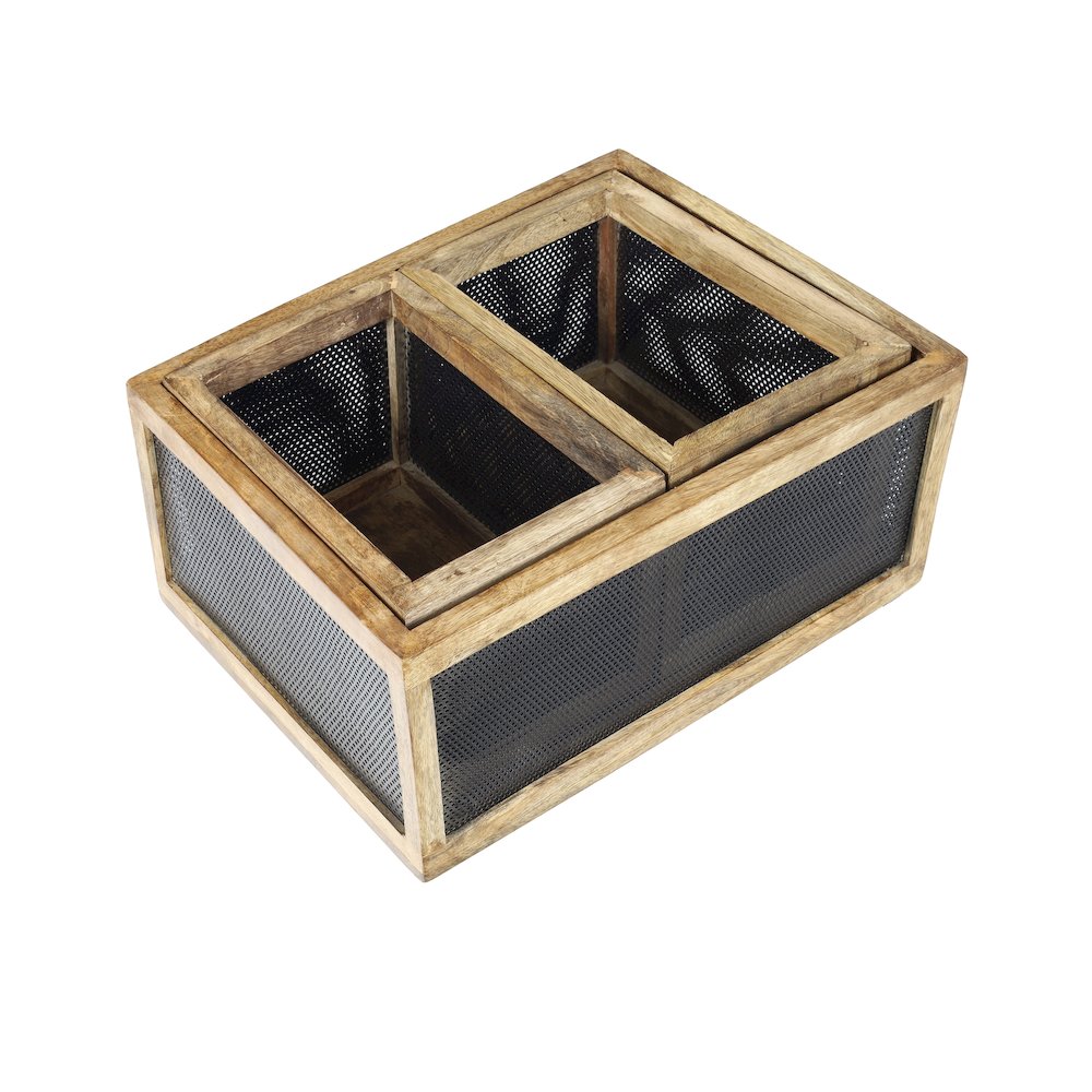 Fallon Handmade Wooden Metal Nesting Storage Baskets, Black/Natural (Set of 3). Picture 2