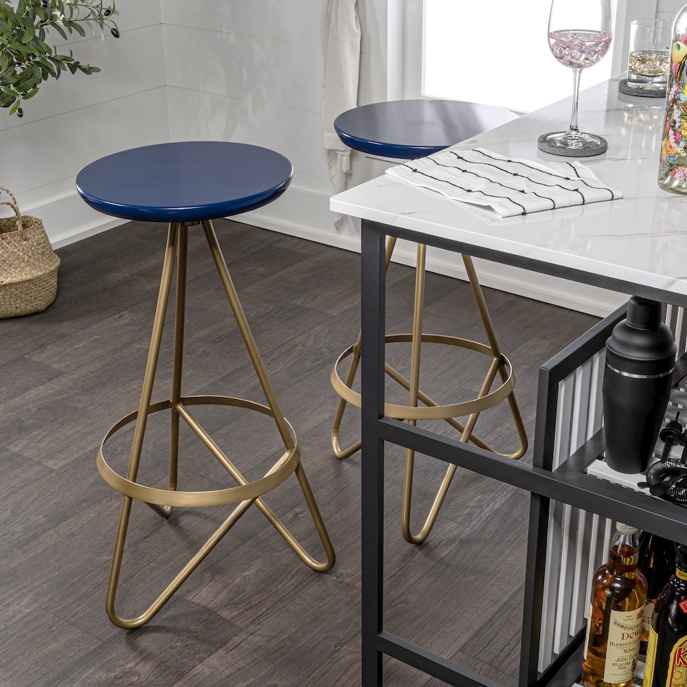Spiroa 30" Modern Navy Blue & Gold Metal Backless Bar Stool. Picture 2