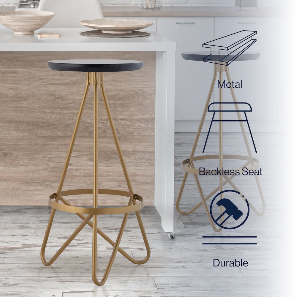 Spiroa 30" Modern Black & Gold Metal Backless Bar Stool. Picture 8