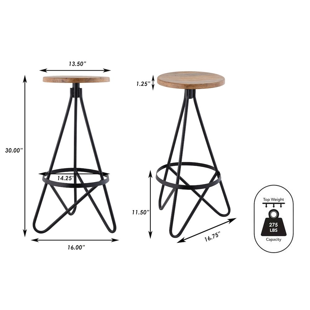 Spiroa 30" Modern Natural Brown & Black Wood Backless Bar Stool. Picture 7