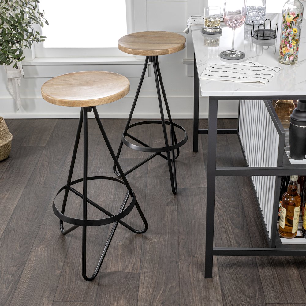 Spiroa 30" Modern Natural Brown & Black Wood Backless Bar Stool. Picture 1