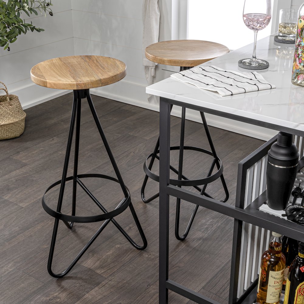 Spiroa 30" Modern Natural Brown & Black Wood Backless Bar Stool. Picture 2