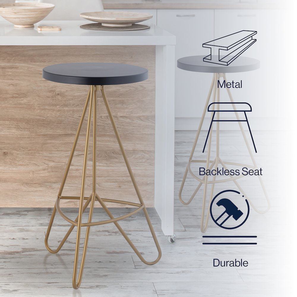 Trinity 30" Round Black & Gold Metal Backless Bar Stool with Hairpin Legs and. Picture 8