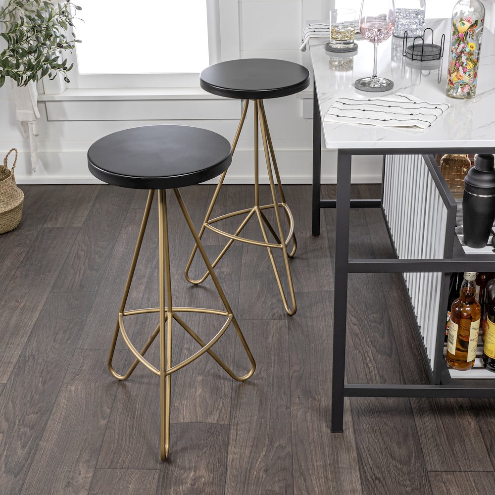 Trinity 30" Round Black & Gold Metal Backless Bar Stool with Hairpin Legs and. Picture 1